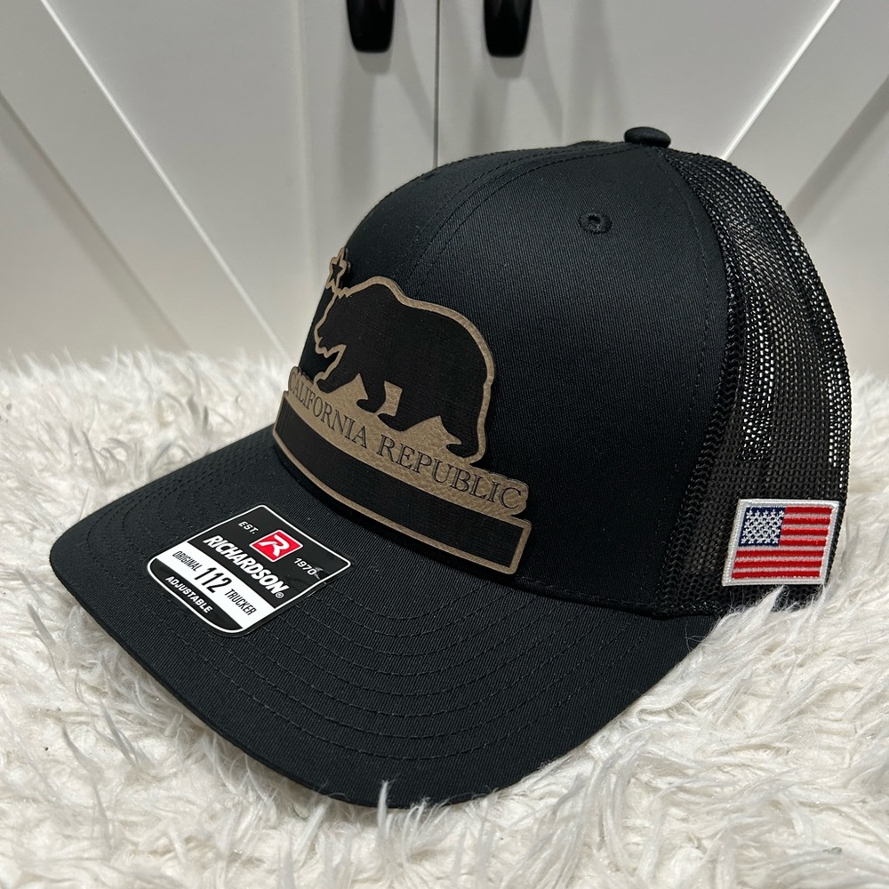 Laser engraved California Republic Richardson 112 trucker hat.